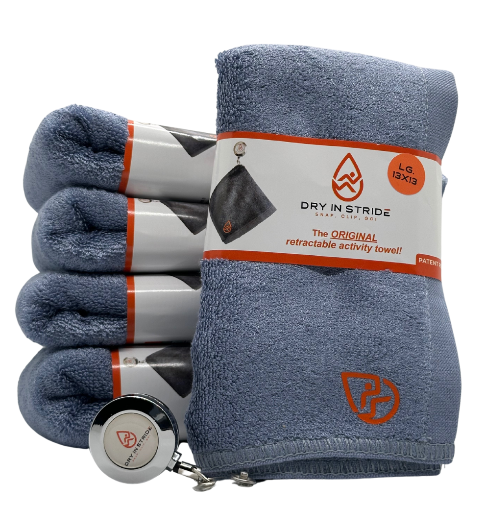 Dry in Stride large towel set in color denim blue with clip showing. 