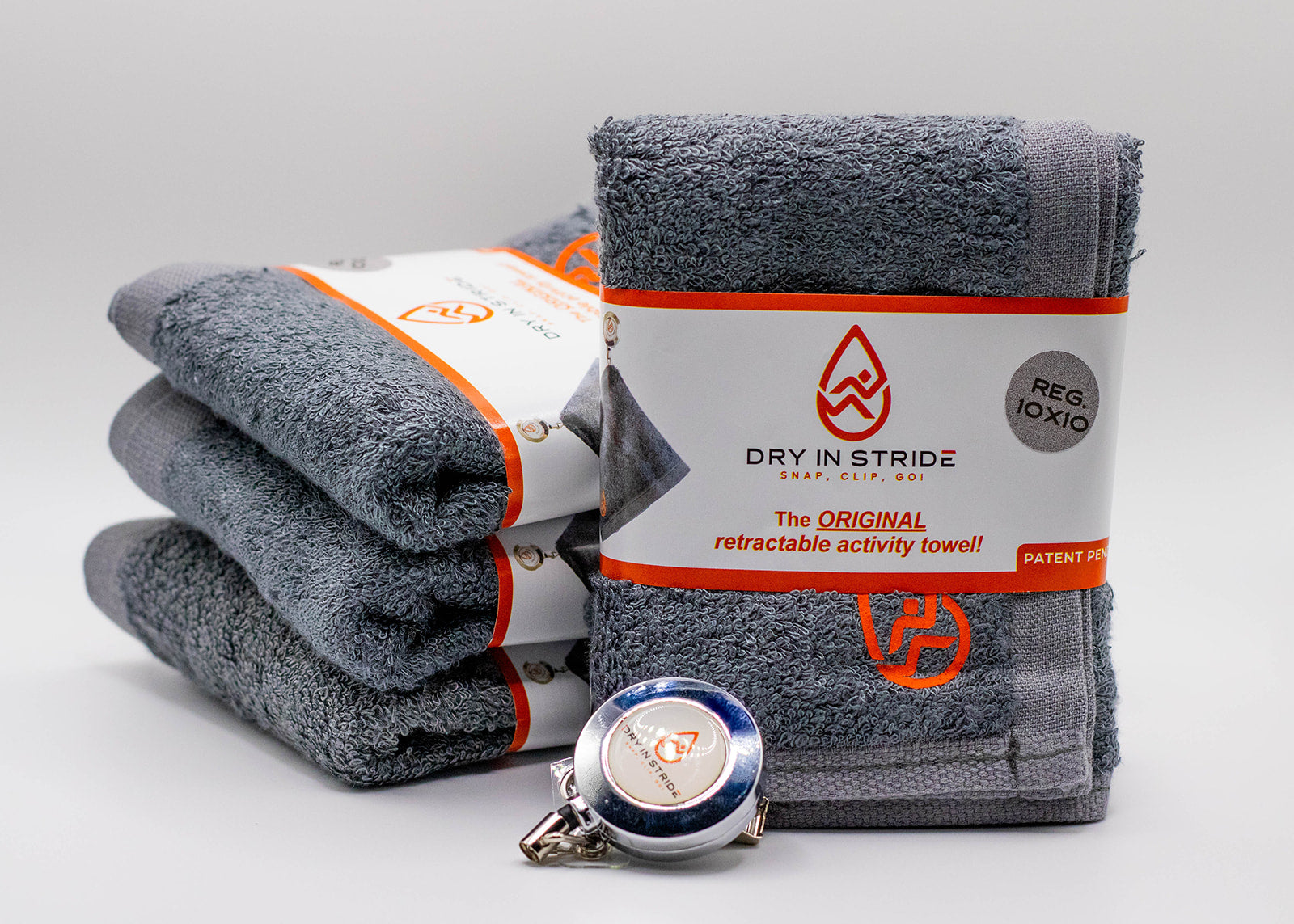 Dry in Stride regular towel set in color grey with clip showing. 