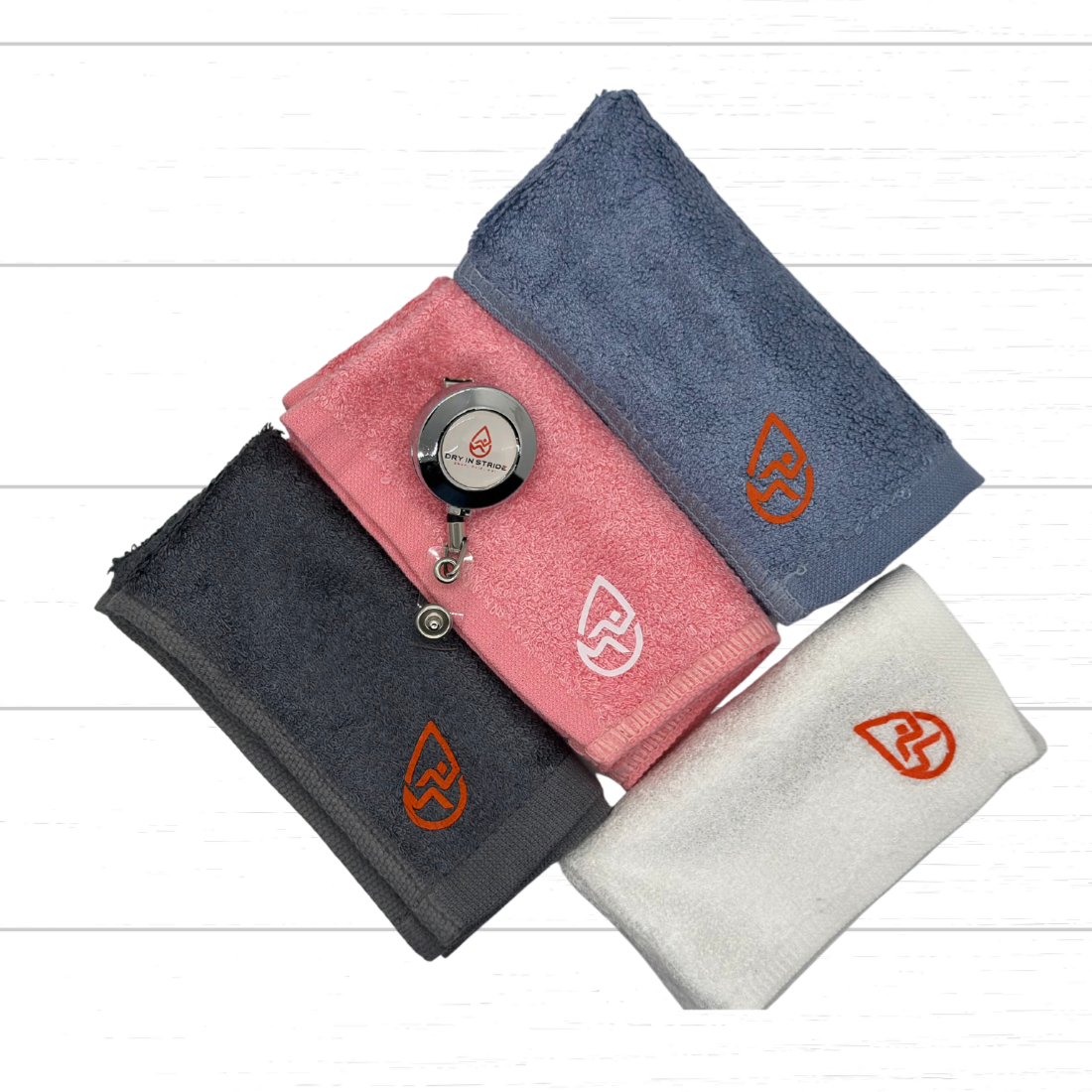 Color display of Regular towel sets - Grey, Pink, Denim Blue, and White with a clip.