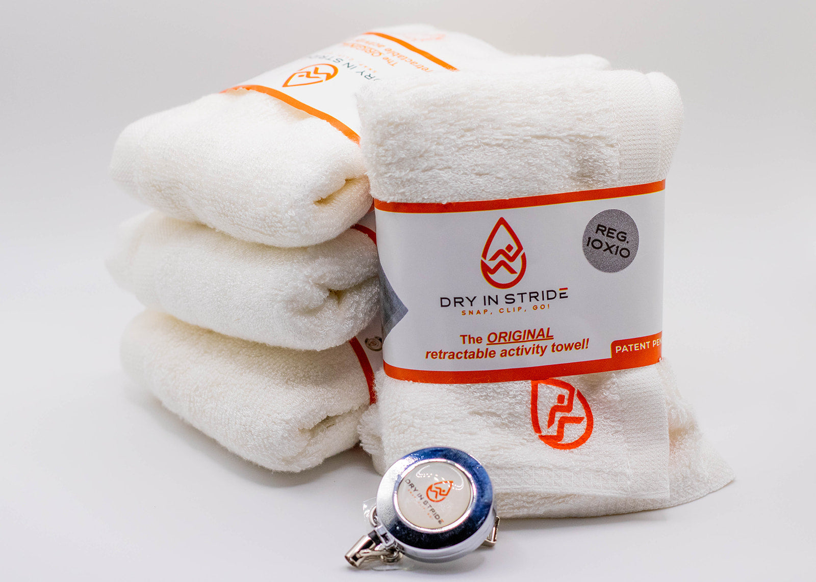 Dry in Stride regular towel set in color white with clip showing. 