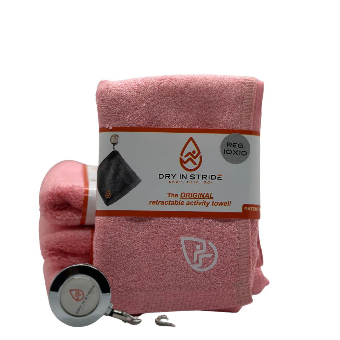 Dry in Stride regular towel set in color pink with clip showing. 